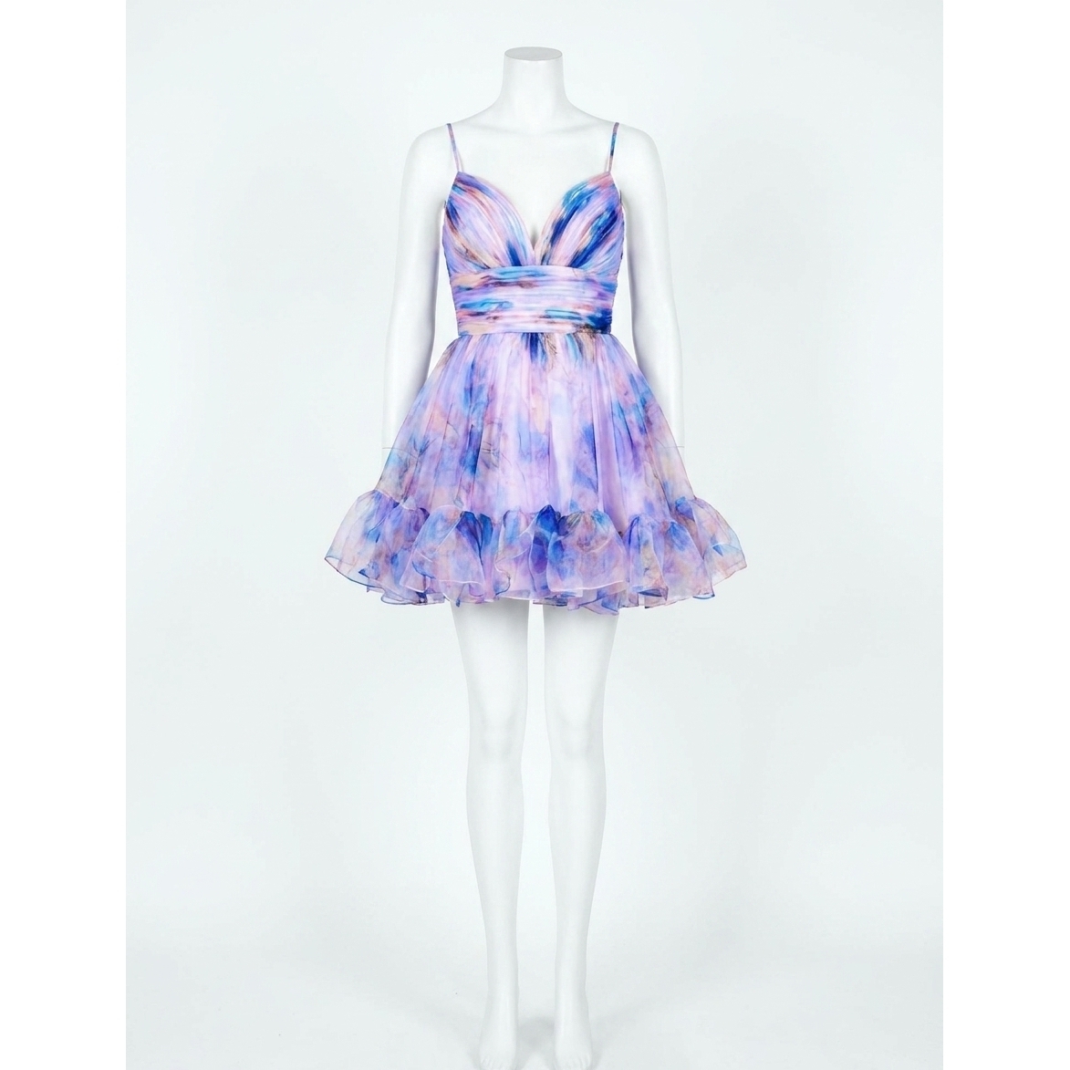 New Jovani Ruffle Bottom V Neck Dress In Blue/Purple Multi